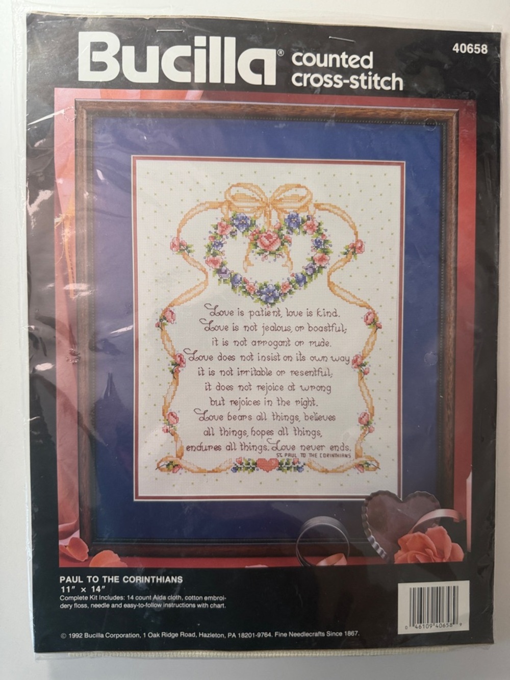 Bucilla Navy Blue Framed Floral Heart Cross-Stitch Sampler kit Paul
